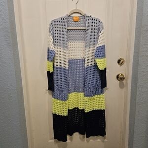 WISPR Pointelle Silk-Blend Maxi Cardigan Color-block Blue Yellow White Large